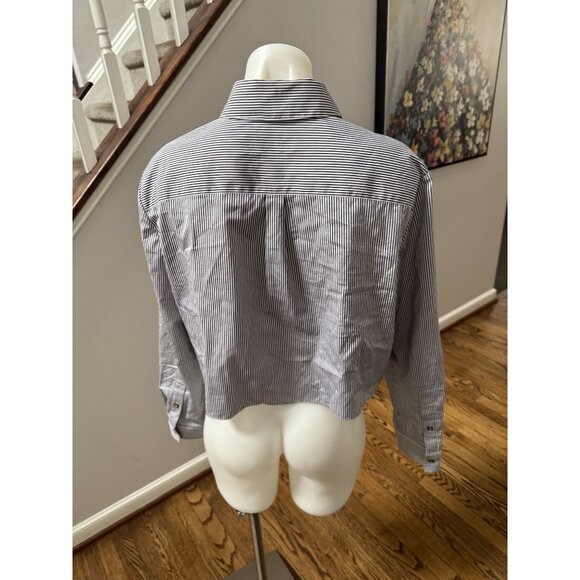 THEORY Crop Classic Cotton Button Down Shirt in Black + White Stripe Size Large - Picture 3 of 3